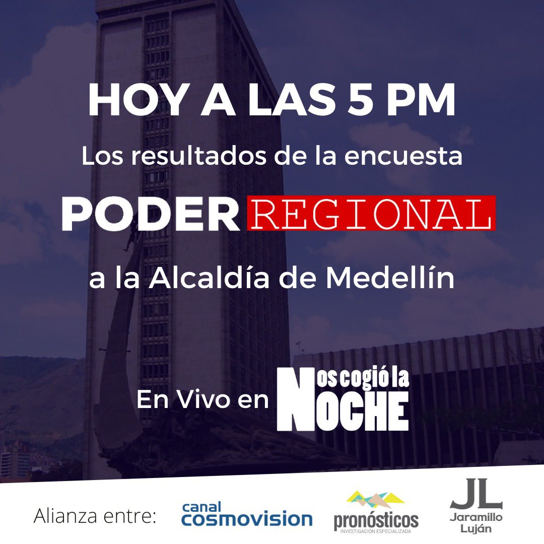 jaramillolujan's tweet photo. Hoy a las 5 pm vía @noscogiolanoche y las redes de @JaramilloLEC Publicaremos nuevo pulso de #PoderRegional con 1434 encuestados en la disputa por @AlcaldiadeMed a 13 meses de las elecciones locales. https://t.co/Yvi1R5eiHC