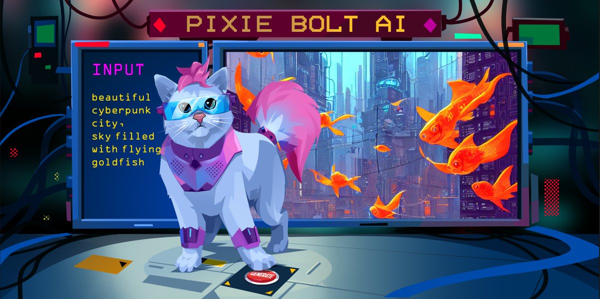 CyberBrokers_'s tweet photo. Pixie Bolt AI is now live!✨

Pixie Bolt AI is an AI text-to-image service provided to CyberBrokers holders that turns your descriptions of scenes, locations &amp; people from The Paradigm Lost into CyberBrokers-themed images.

Learn how to get started here:
https://t.co/AZZyviPhvY https://t.co/FcWkbuli7g