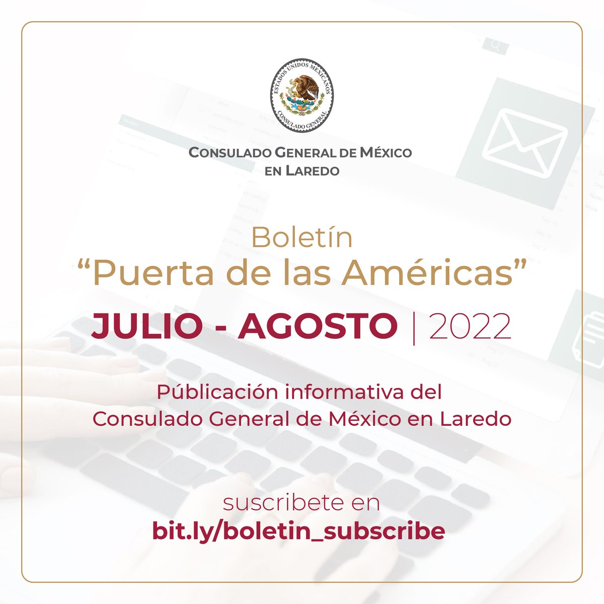 Consulmex Laredo (@consulmexlaredo) on Twitter photo Nuestro Boletín "Puerta de las Américas" 📰 Julio-Agosto 2022 ya se encuentra disponible 🇲🇽.
¡Conoce las actividades que realizamos en el <a href="/consulmexlaredo/">Consulmex Laredo</a>! 🏢🙌
➡️ Versión online: bit.ly/Boletin_JulAgo…
➡️ Suscríbete: bit.ly/boletin_subscr…
#Laredo #Texas Nuestro Boletín "Puerta de las Américas" 📰 Julio-Agosto 2022 ya se encuentra disponible 🇲🇽.
¡Conoce las actividades que realizamos en el <a href="/consulmexlaredo/">Consulmex Laredo</a>! 🏢🙌
➡️ Versión online: bit.ly/Boletin_JulAgo…
➡️ Suscríbete: bit.ly/boletin_subscr…
#Laredo #Texas