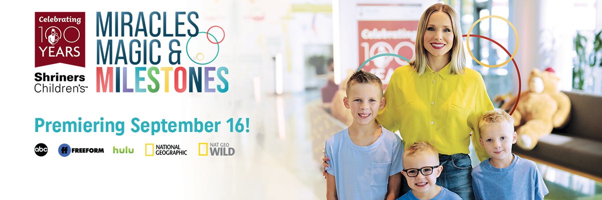Shriners Children’s,  <a href="/ABCNetwork/">ABC</a>  and <a href="/hulu/">Hulu</a> have teamed to share the incredible story of Shriners Children’s for “Miracles, Magic &amp; Milestones” hosted by <a href="/KristenBell/">OG Mickey</a> The special will begin airing September 16, in honor of our 100th anniversary. ow.ly/nxE350Kx2gk