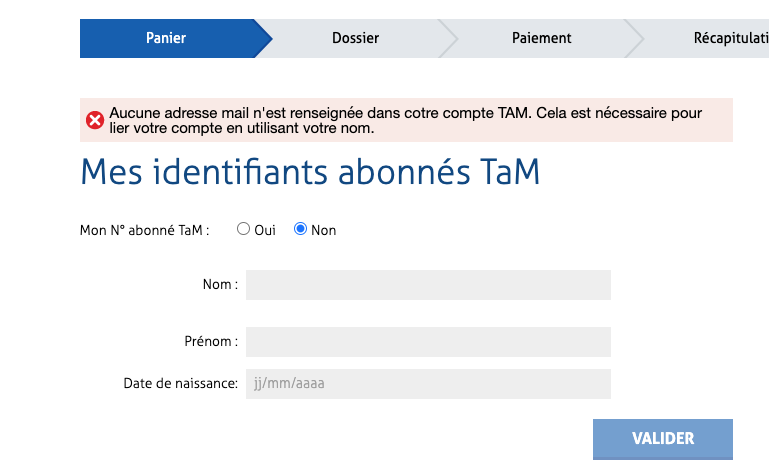 Bonjour <a href="/TaMVoyages/">tamvoyages</a>. Je tente de souscrire à un abonnement sur votre site pour un stationnement voirie résident. Au moment de finaliser ma commande, je bloque sur cette étape. Il me semble pourtant ne pas devoir être abonné. D'ailleurs l'adresse mail est l'identifiant du compte.