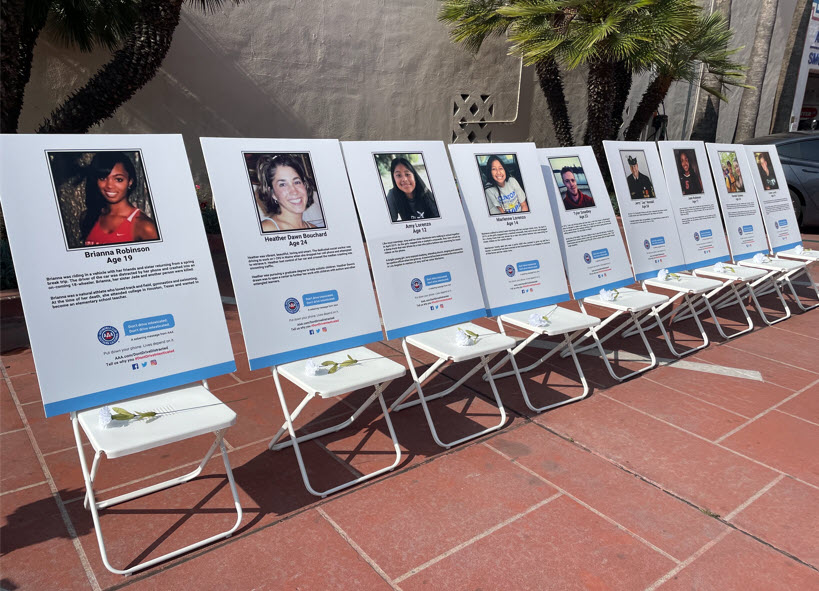 Each day, an average of 9 people in the United States are killed in distracted driving collisions. These chairs represent the 9 empty seats left at dinner tables every day due to preventable distracted driving crashes. AAA.com/DontDriveDistr…
