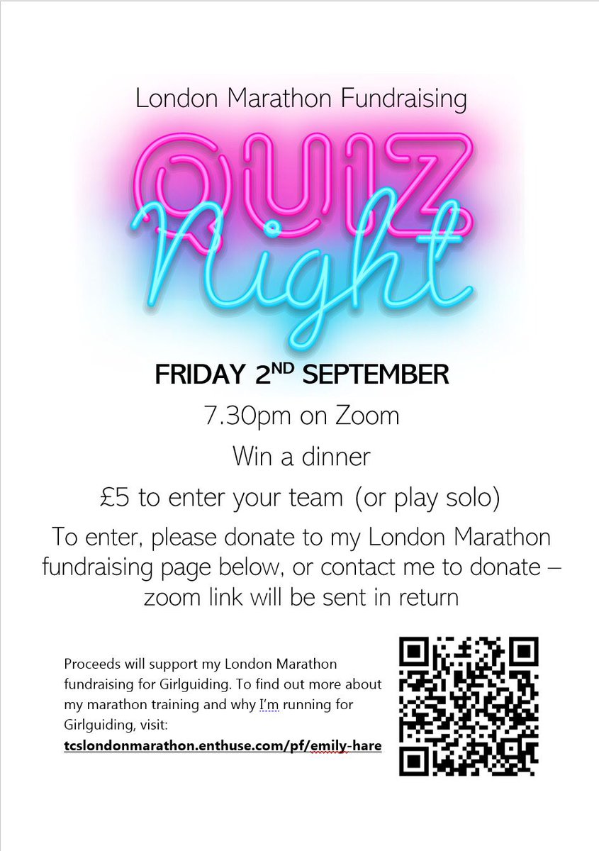 EmilyMBall's tweet photo. Join me for virtual quiz night tomorrow, 2nd September! Proceeds to my London Marathon fundraising for Girlguiding - donate here to join in:
 https://t.co/0eQnn3jNOf https://t.co/60ayqL1B85