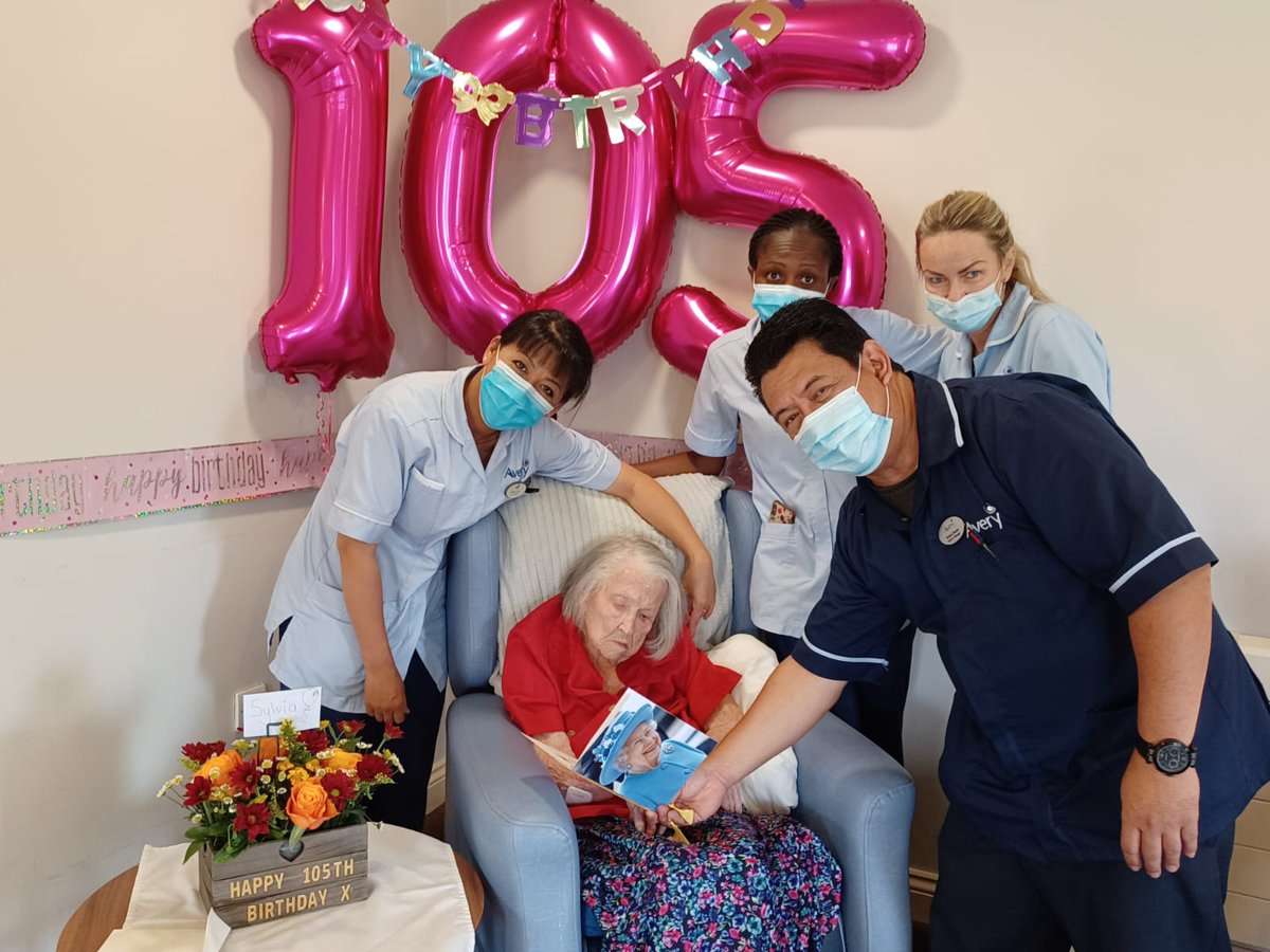 mickyb3d's tweet photo. Happy 105th Birthday to Sylvia @AveryHealthcare @carehome_co_uk celebrating with staff today after receiving another birthday card from @Queen_UK https://t.co/YhCCmdPMwp