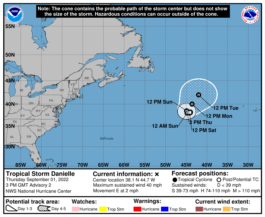 La tempête tropicale #Danielle s'est formée à l'ouest des Açores. La tempête devrait devenir un ouragan et est le 4ème système nommé de cette saison pour l'heure peu active. 