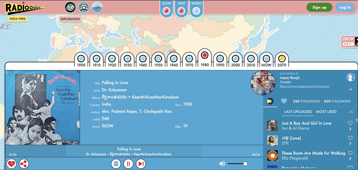 deepikacathy's tweet photo. @Radiooooo_com Another gem found on the internet. You point at any country on the map and choose the year, you will listen to the music from that time. 1980 &amp; India is showing an old classic telugu song 🤯
Can it get any better! https://t.co/P5AXGFwutP
