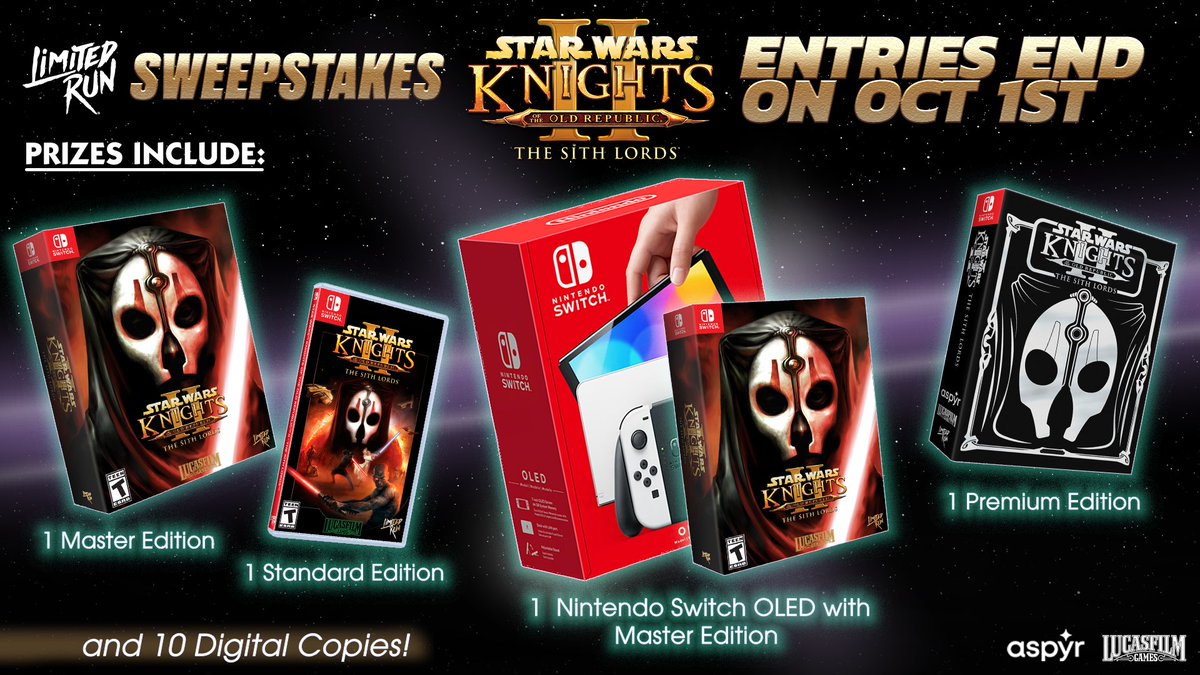 LimitedRunGames's tweet photo. Secure some Galactic treasures in Limited Run’s STAR WARS™: Knights of the Old Republic II™ Sweepstakes! Enter to win a copy of Knights of the Old Republic II on Nintendo Switch or our grand prize: A Master Edition / Nintendo Switch OLED system bundle. https://t.co/VS5rOmVgFT https://t.co/paPUx4814p