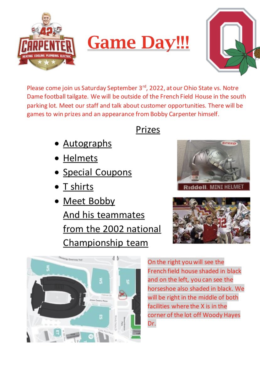 Carpenter_614's tweet photo. Join us THIS Saturday as the Buckeyes take on the Irish for a CARPS CREW tailgate!!!
#buckeyes #ohiostatefootball #columbusohio 
@Bcarp3 https://t.co/WJARCCknyx