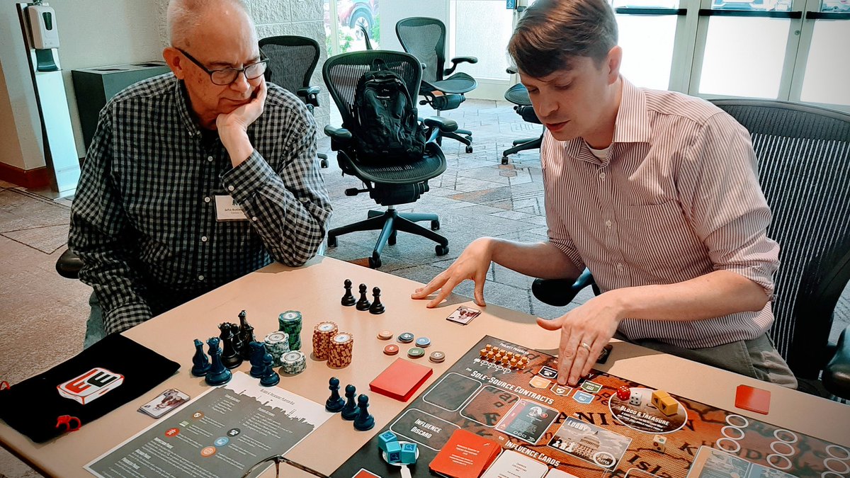 RobFactor's tweet image. Playing @Bublublock&apos;s phenomenal &apos;Blood &amp;amp; Treasure&apos; at #CSWExpo. John Butterfield, @HBuchanan2 and I play rapacious defense contractors competing for riches during the US/Afghan War.