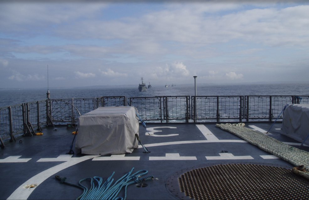 BerryCathal's tweet photo. I took this photo in 2006 from LE Eithne’s heli-deck while on the Navy’s annual week-long ex. (An 8th ship was in Beirut at the time). 

This year’s ex could only muster 1 ship &amp; ended after 24hrs.

Our Navy is on the cusp of collapse as Russian warships patrol off our coast…🤦‍♂️ https://t.co/oPcv3a1qhf