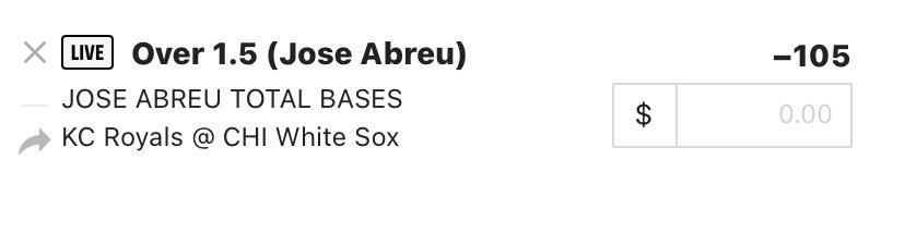 One__Bet's tweet photo. September 1st Game 2 Royals @ White Sox’s:

Abreu (CWS) ov 1.5 TB

#gamblingtwitter #MLB #onebet https://t.co/DihqKEvOkF