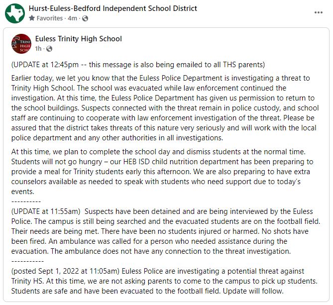 EulessPolice's tweet photo. Hurst-Euless-Bedford Independent School District Euless Police Department Euless Trinity High School #eulesspd #trinityhs https://t.co/CqSraRMD53