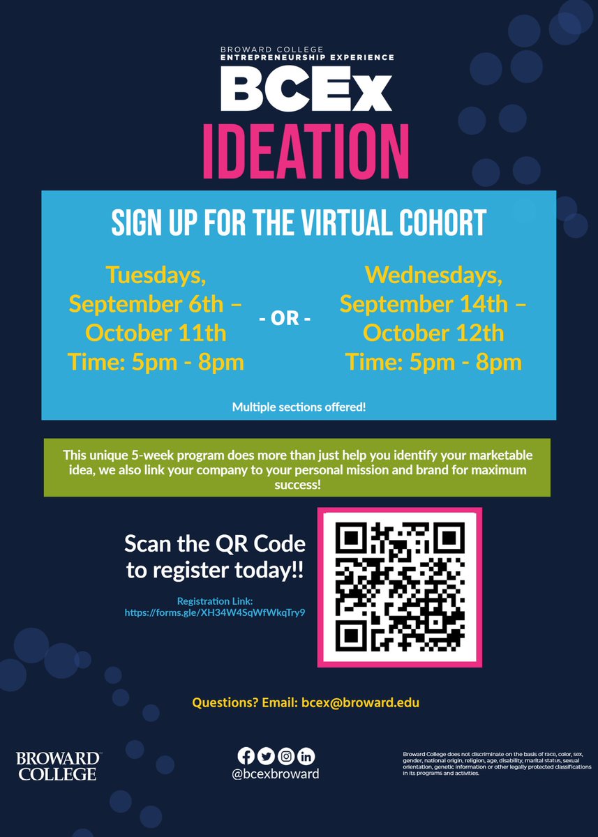 bcexbroward's tweet photo. Take the next steps in your entrepreneurial journey today & enroll in our Ideation Phase - Begins Sept. 6th!
BCEx is here to help you take action & progress, refine and expand your business idea.
Everyone is welcome. Click the link in our bio!
#bcex https://t.co/F25oyyyeLC