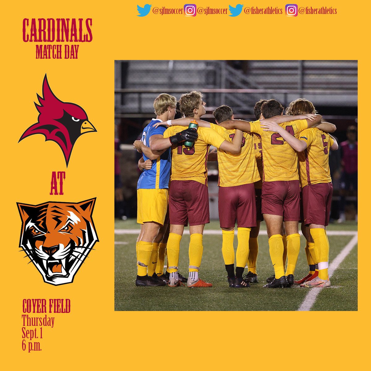 FisherAthletics's tweet photo. ITS GAME DAY!! @SJFmsoccer hits the road for a season opening battle against Buffalo State ⚽️

🆚 Bengals
⏰ 6pm
📍 Buffalo NY | Coyer Field
📺https://t.co/Pu48LWHk5X
📊https://t.co/Bc9IBEQF7E

#GoFisher https://t.co/o61P1aVlgc