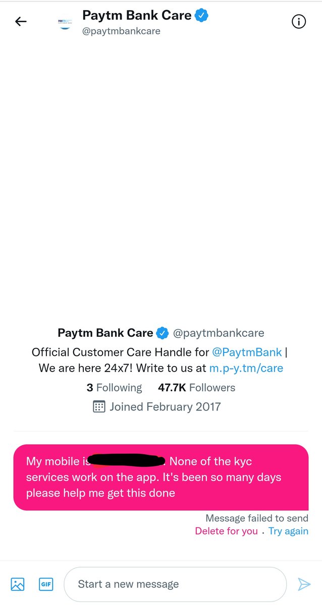 0_flyer's tweet photo. I can't send you a DM for some reason. Have I been blocked? I tried to send so many times @paytmbankcare https://t.co/l2DnCf3ZkS