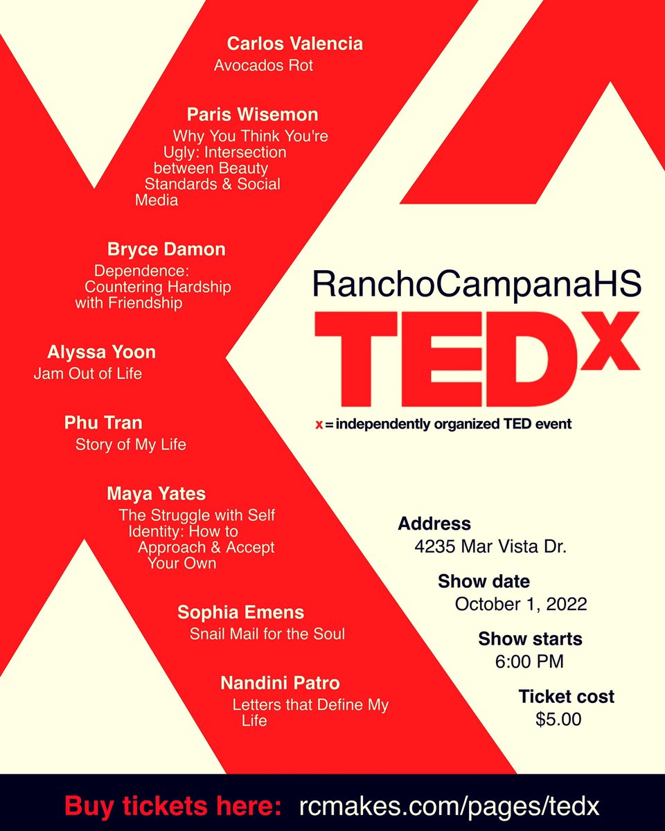Rancho Campana PTSA (@monarchsptsa) on Twitter photo RCHS will be hosting its annual Ted Talk on October 1, 2022 at 6:00pm in the Performing Arts Center. Tickets are $5 and can be purchased here:
rcmakes.com/pages/tedx
Speakers from <a href="/rchs_monarchs/">Rancho Campana</a> <a href="/NewburyParkHS/">Newbury Park HS</a> & <a href="/achs_scorpions/">Adolfo Camarillo HS</a> will be speaking.
<a href="/ConejoValleyUSD/">Conejo Valley USD</a> <a href="/OxnardUnion/">OxnardUnion</a> RCHS will be hosting its annual Ted Talk on October 1, 2022 at 6:00pm in the Performing Arts Center. Tickets are $5 and can be purchased here:
rcmakes.com/pages/tedx
Speakers from <a href="/rchs_monarchs/">Rancho Campana</a> <a href="/NewburyParkHS/">Newbury Park HS</a> & <a href="/achs_scorpions/">Adolfo Camarillo HS</a> will be speaking.
<a href="/ConejoValleyUSD/">Conejo Valley USD</a> <a href="/OxnardUnion/">OxnardUnion</a>