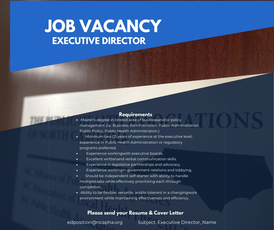 We are looking for an Executive Director for our Associations. Do you or do you know someone who'd be a good fit? Please apply!

View the full description at the link below 👇

ncapha.org/employment_cen…