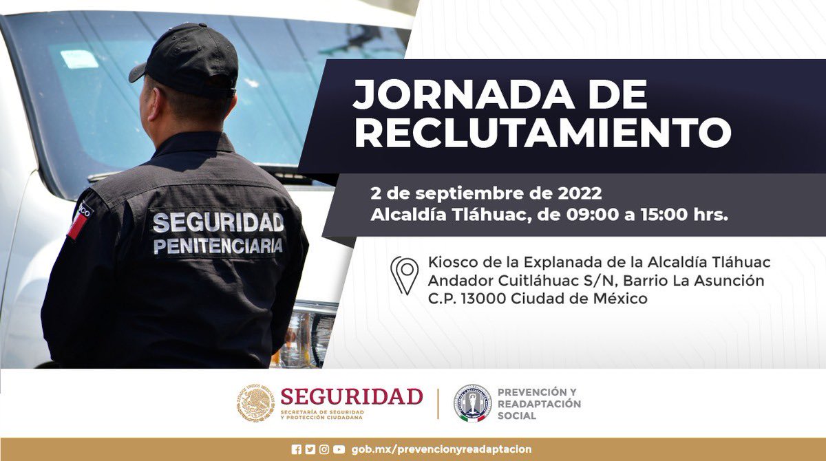 PyRS_Mexico's tweet photo. ¡Atención #CDMX!
Si deseas pertenecer al Sistema Penitenciario Federal esta puede ser tu oportunidad.
Te esperamos mañana en la Alcaldía @TlahuacRenace para que conozcas las convocatorias que tenemos para ti.
🗓️ 02 de septiembre
⏰09:00 a 15:00
📍 Kiosco de la Explanada https://t.co/Q6qnemY7Ix