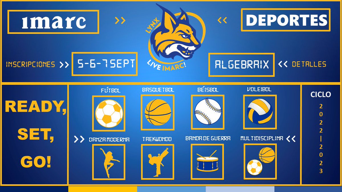 imarcmx's tweet photo. 🔵⚪🟡 Inscripciones a IMARC Deportes 🟡⚪🔵
¡En sus marcas, listos, fuera!🏆🤩
Papás IMARC, los días 5, 6 y 7 de septiembre serán las inscripciones y medición de uniformes en los planteles. Los detalles en Algebraix.
#IMARC #LIVEIMARC 🌎 #IMARCDEPORTES #HERMOSILLO https://t.co/2oINGHvzY5