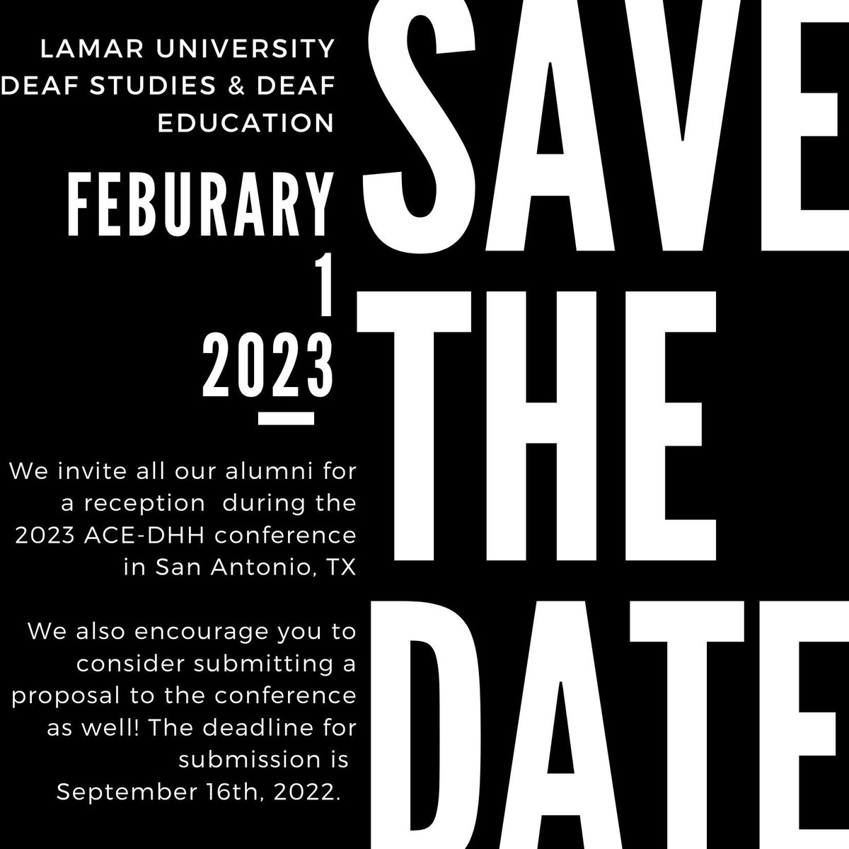 DsdeLamar's tweet photo. For many of us, ACE-DHH is a great conference- such a great opportunity to connect, grow, learn, share, &amp; network! 
We will be hosting an alumni reception on Wed, Feb 1 before the conference! We'd love to see you there. More details will be coming soon, but for now SAVE THE DATE! https://t.co/5puoXN29IX