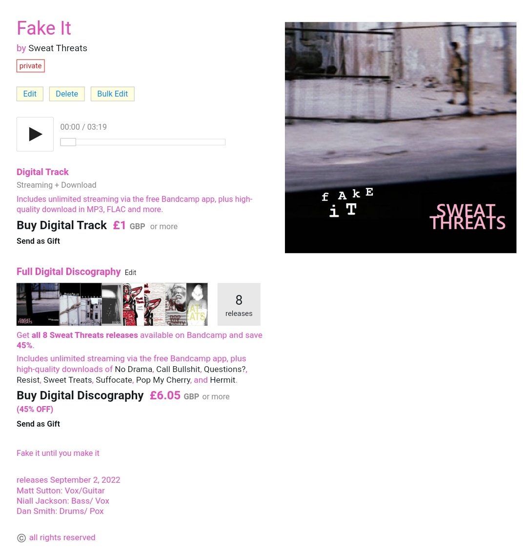 Final single from the EP comes out tomorrow. Both called 'Fake It'. We poured our hearts (and throats) in to this one so if you find room in your #BandcampFriday for us, we would hugely appreciate you picking it up. If you like it, share it (please). Thanks, Niall, Matt, Dan