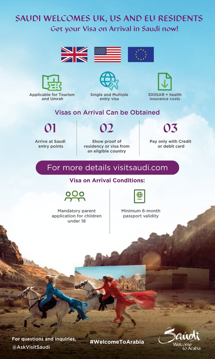 For all residents of the UK, USA and EU 🇬🇧🇺🇸🇪🇺
Visa on arrival is now available in #Saudi 🇸🇦

For more: visitsaudi.com

#WelcomeToArabia