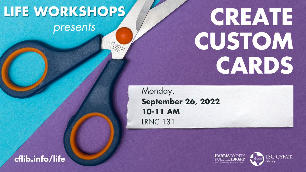 LSCCYFLibrary's tweet photo. Join us at LIFE for creating your own custom cards! Join Cindy Hoffart-Watson, Reference Assistant, as she shows us how to make beautiful cards the easy way and on a budget. All supplies included.  #harriscountypl #cyfairlibrary #LIFEworkshopsCYF #lsccyfairlibrary https://t.co/lqlbzmzDAX