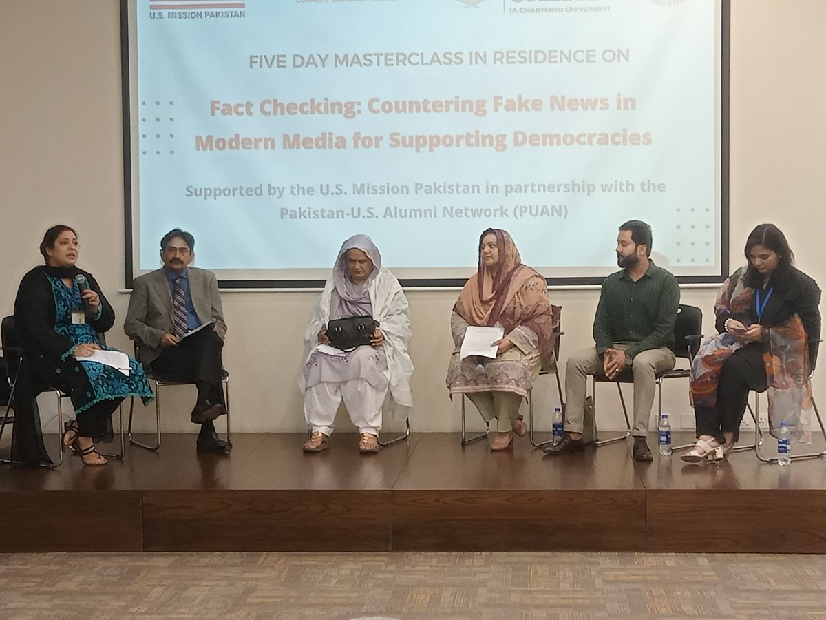 RachelAHasan's tweet photo. Moderated a panel discussion on "Freedom of expression and control" at the Masterclass supported by US Mission Pakistan in partnership with PUAN. @Altaafkhaan @Mehwish_Bat00l @SaveraShami #FactCheck #FCCU #PUAN #freedomOfExpression https://t.co/wmtn2jHba6