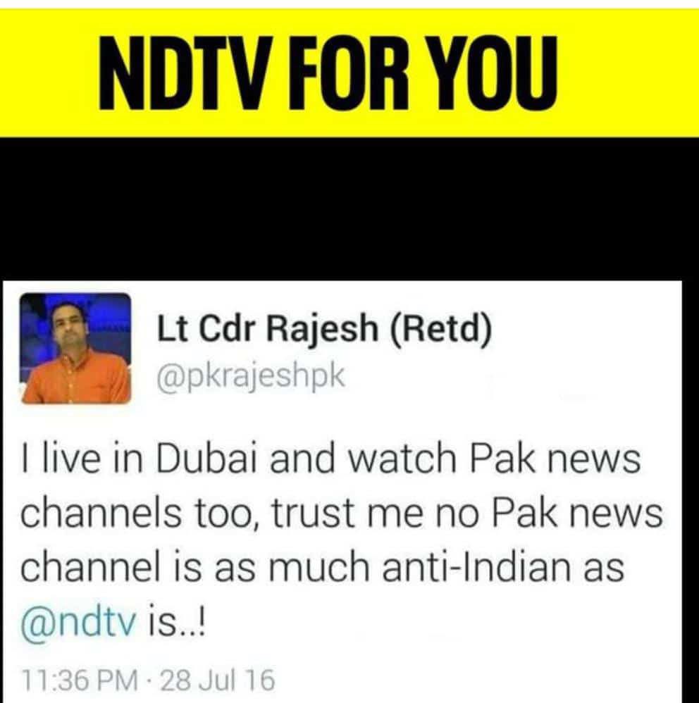aka_dpu's tweet photo. NDTV: a notorious news outlet which is famous for spreading Anti-India, Anti-Modi, and Hinduphobic contents on regular basis.

They work hard to amplify Chinese, Pakistani, &amp; Jihadi propagandas and take pride in defaming India internationally. Disgraceful Media. #ShameOnNDTV https://t.co/ZvNv8vLKqD