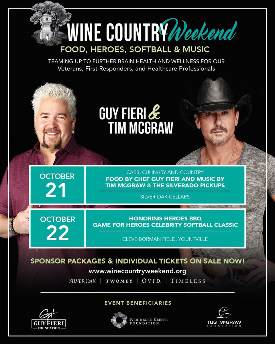 Excited to partner with @guyfieri for #WineCountryWeekend this October in Napa Valley! Join us for a weekend of 'Cabs, Culinary and Country' to benefit <a href="/tugmcgraw/">TugMcGrawFoundation</a> foundation, <a href="/GuysFoundation/">Guy Fieri Foundation</a> and The Neighbor's Keeper Advised Fund.

winecountryweekend.org