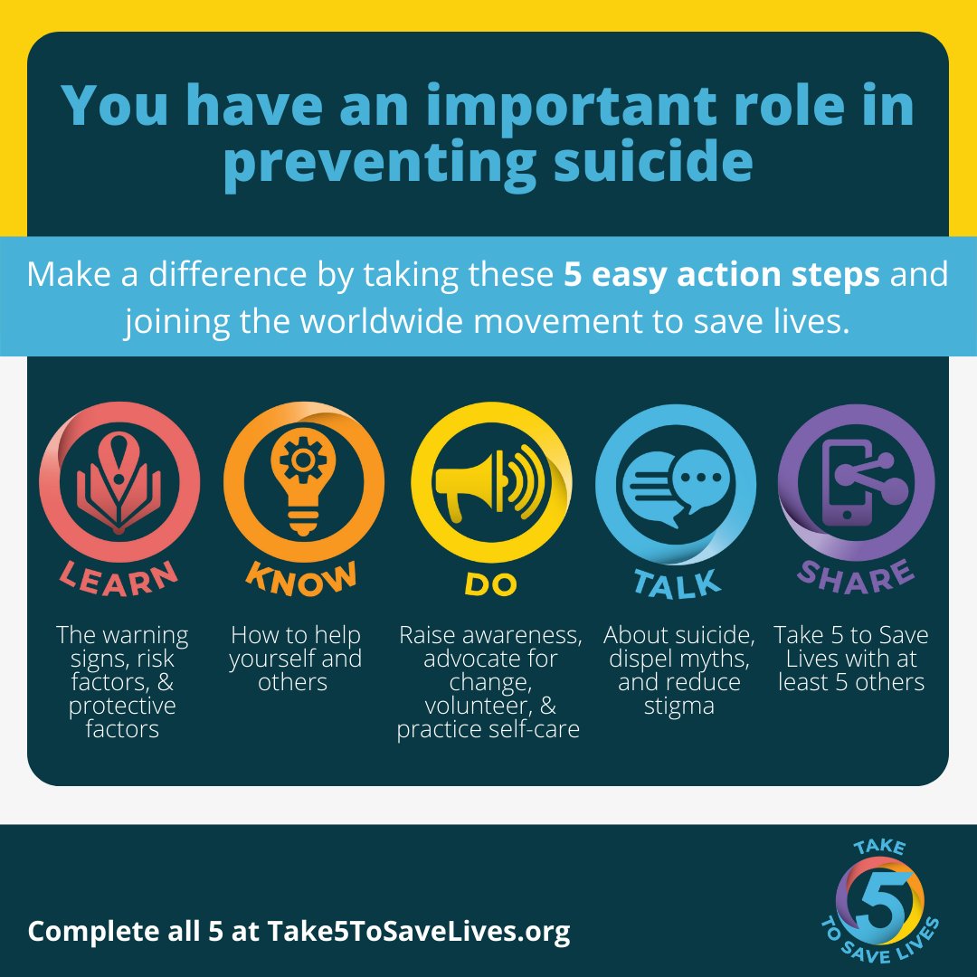 DrMonicaTD's tweet photo. Everyone has a role to play in Suicide Prevention.  #Take5 to save lives. #StopSuicide #SuicidePreventionAwarenessMonth https://t.co/q6UTHTtJwg