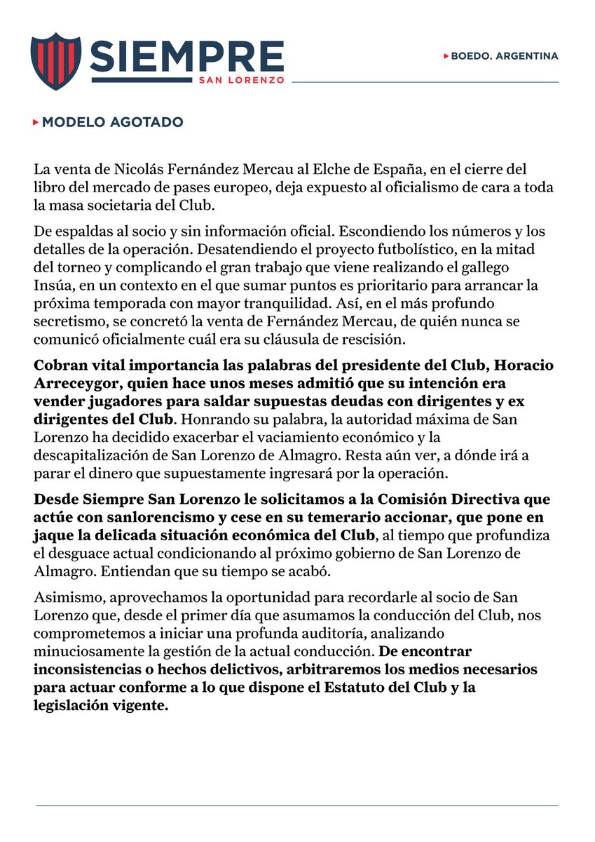 SiempreSanLore's tweet photo. MODELO AGOTADO

La venta de Fernández Mercau deja expuesto el modelo de vaciamiento económico que nos llevó a este delicado presente institucional. 

Nuestro primer compromiso con el socio es hacer una profunda auditoria de la gestión de la actual dirigencia

#SiempreSanLorenzo https://t.co/d4dQySk4Za