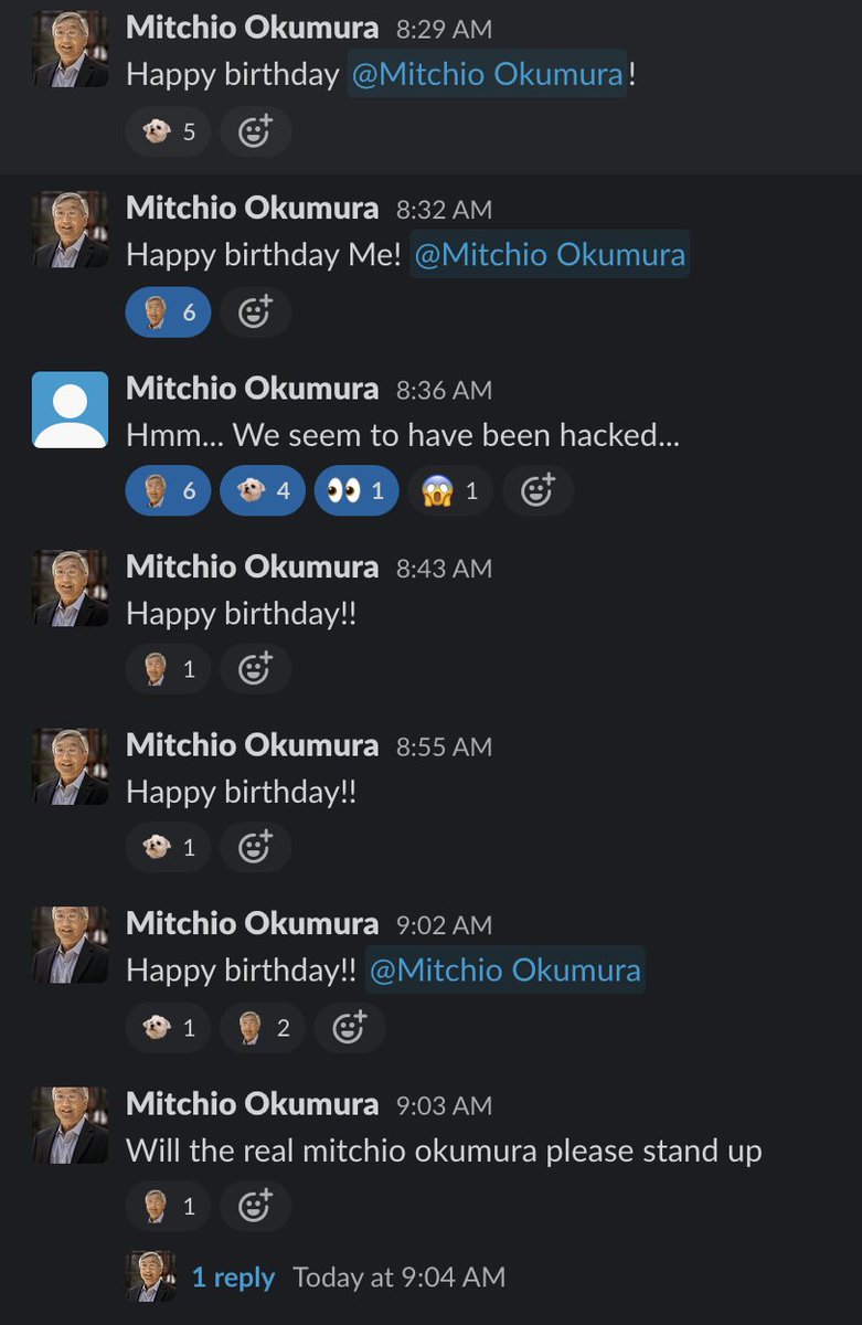 Mitchio's out of town, so to celebrate our fearless leader's birthday, we pulled a harmless Slack prank on him! It was a glorious day of chaos and confusion...