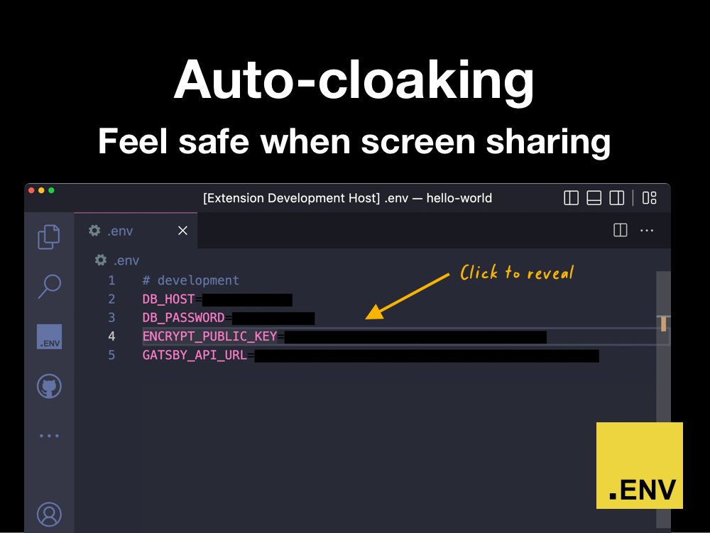 dotenvx's tweet photo. Auto-cloaking. Feel safe when screen sharing your .env files. 

Available now, on @code, at https://t.co/2S5DLlCwuP https://t.co/Lp4Dme05qd