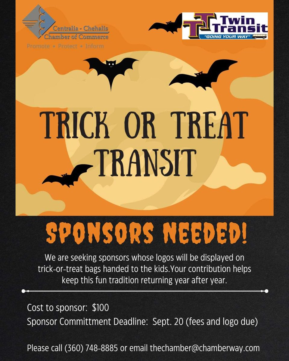ChamberWay's tweet photo. Trick or Treat Transit plans are underway for 2022! We are seeking sponsors whose logos will be displayed on trick-or-treat bags handed to the kids.

Sponsorship is $100 and is due by Sept. 20, along with your logo for the bag. Please call or email thechamber@chamberway.com https://t.co/OVcaDhndtE