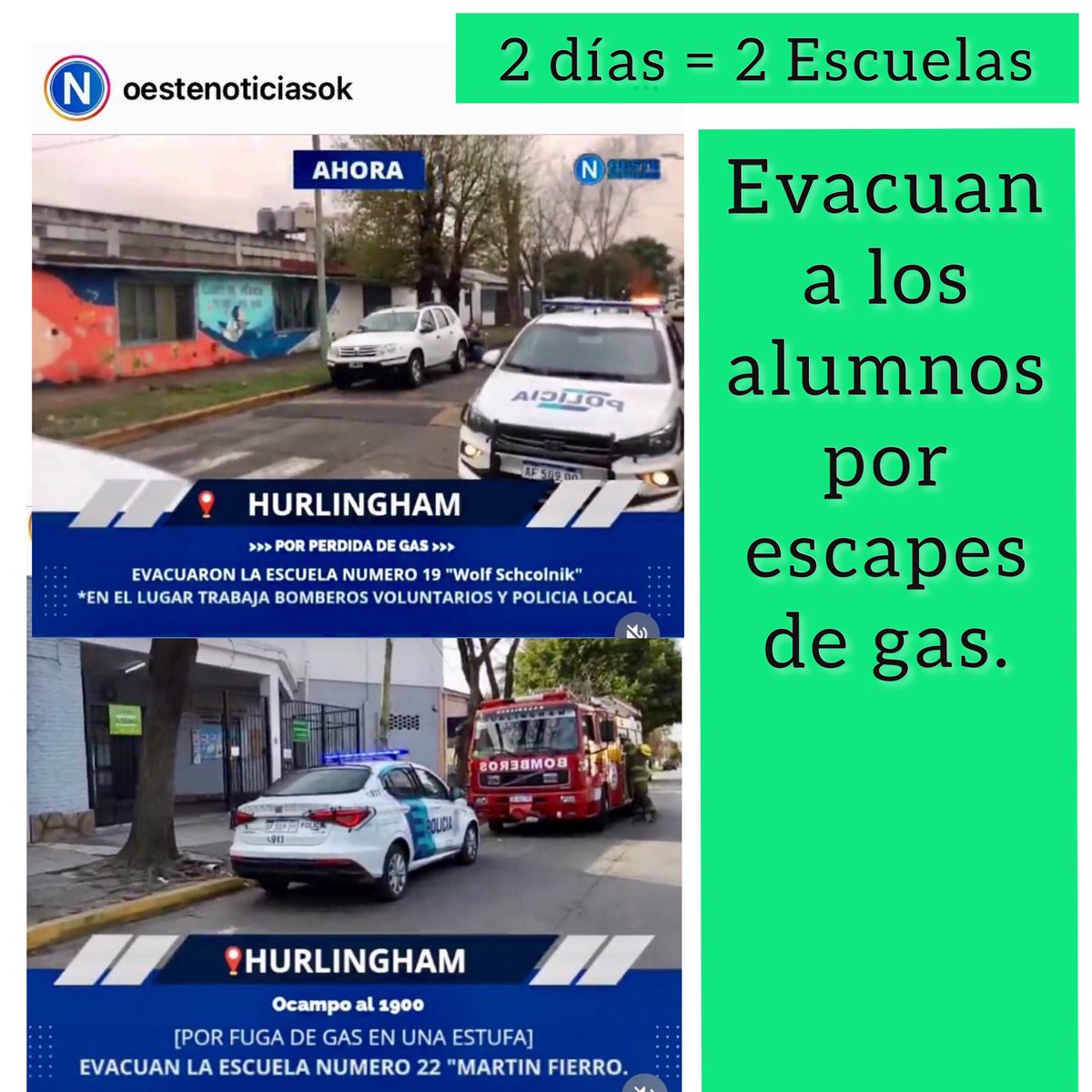 PadresOrgHur's tweet photo. Hurlingham Hoy x Perdida de gas, evacuaron Escuela N19, Wolf Schcolnik. Asistieron Bomberos Voluntarios y Defensa Civil. Ayer 31/8/22 Evacuaron Escuela Nro 22, Martin Fierro, por fuga de gas. Bomberos Voluntarios y Defensa Civil en el lugar. @OesteNoticiasOk @hurlingham https://t.co/feO4vfijLa