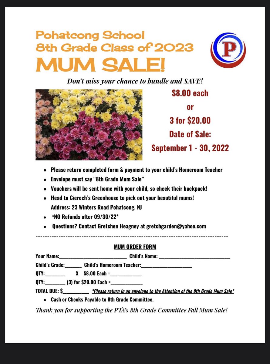PohatPTA's tweet photo. The Pohatcong Annual Mum Sale is here!! 🌼

Please help support the 8th Grade Class of 2023! Order forms will be sent home with each child and can be found on the PTA website - https://t.co/Atx9QhbsZL https://t.co/MAL8kbwkZp