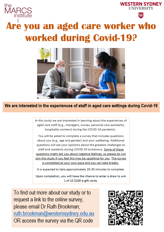 ACRes_Western's tweet photo. Are you an aged care worker who worked during Covid-19? This is an invitation for an online survey- Details below. Really appreciate your participation. To know more contact ruth.brookman@westernsydney.edu.au https://t.co/DNrNHrNDVP