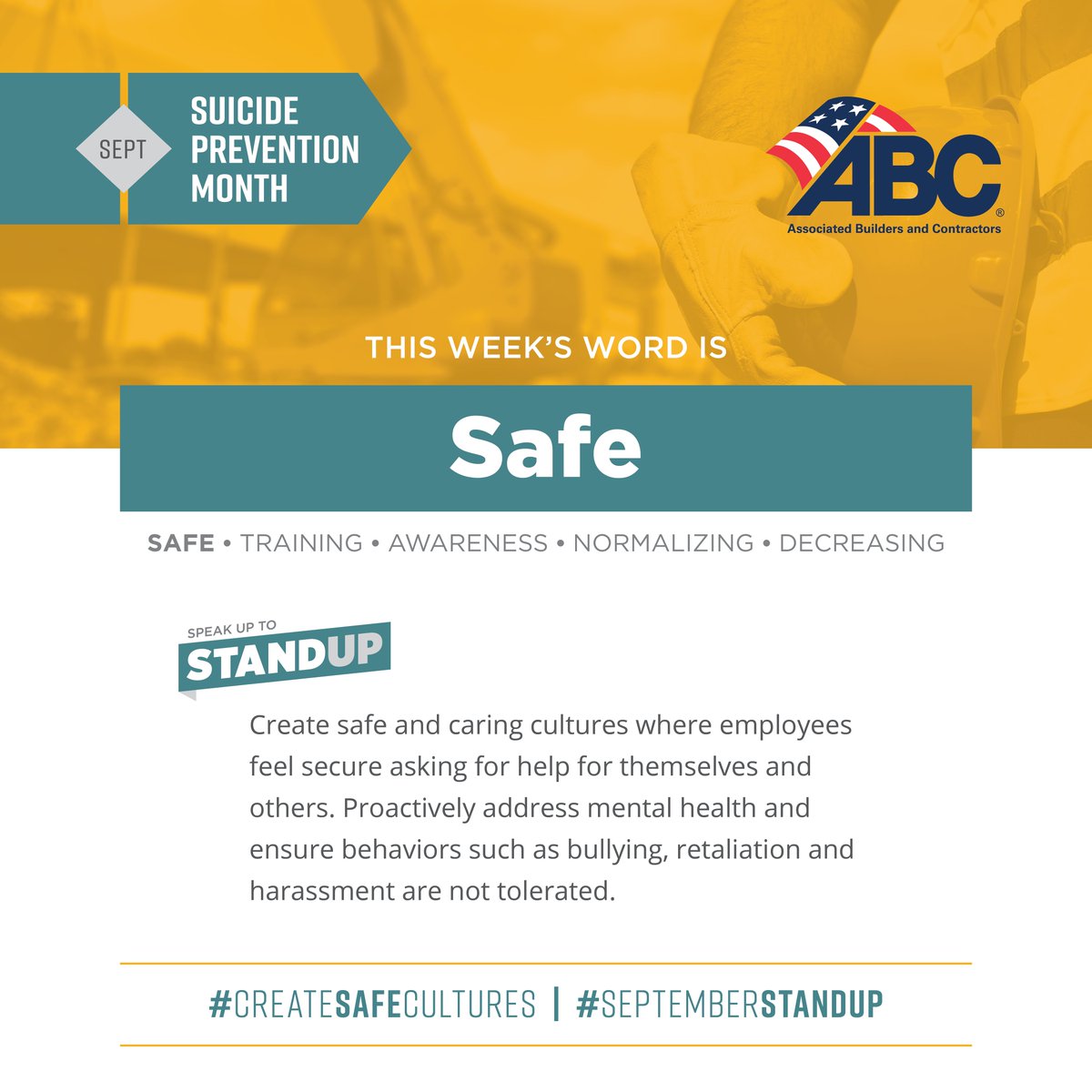 ABC_SanDiego's tweet photo. This week starts off #SuicidePreventionMonth. The focus for the week is on creating SAFE and caring cultures where employees feel secure asking for help.
#CreateSAFEcultures #SeptemberStandUp #ABCMeritShopProud #SuicidePreventionMonth https://t.co/8cRiSCpqSF