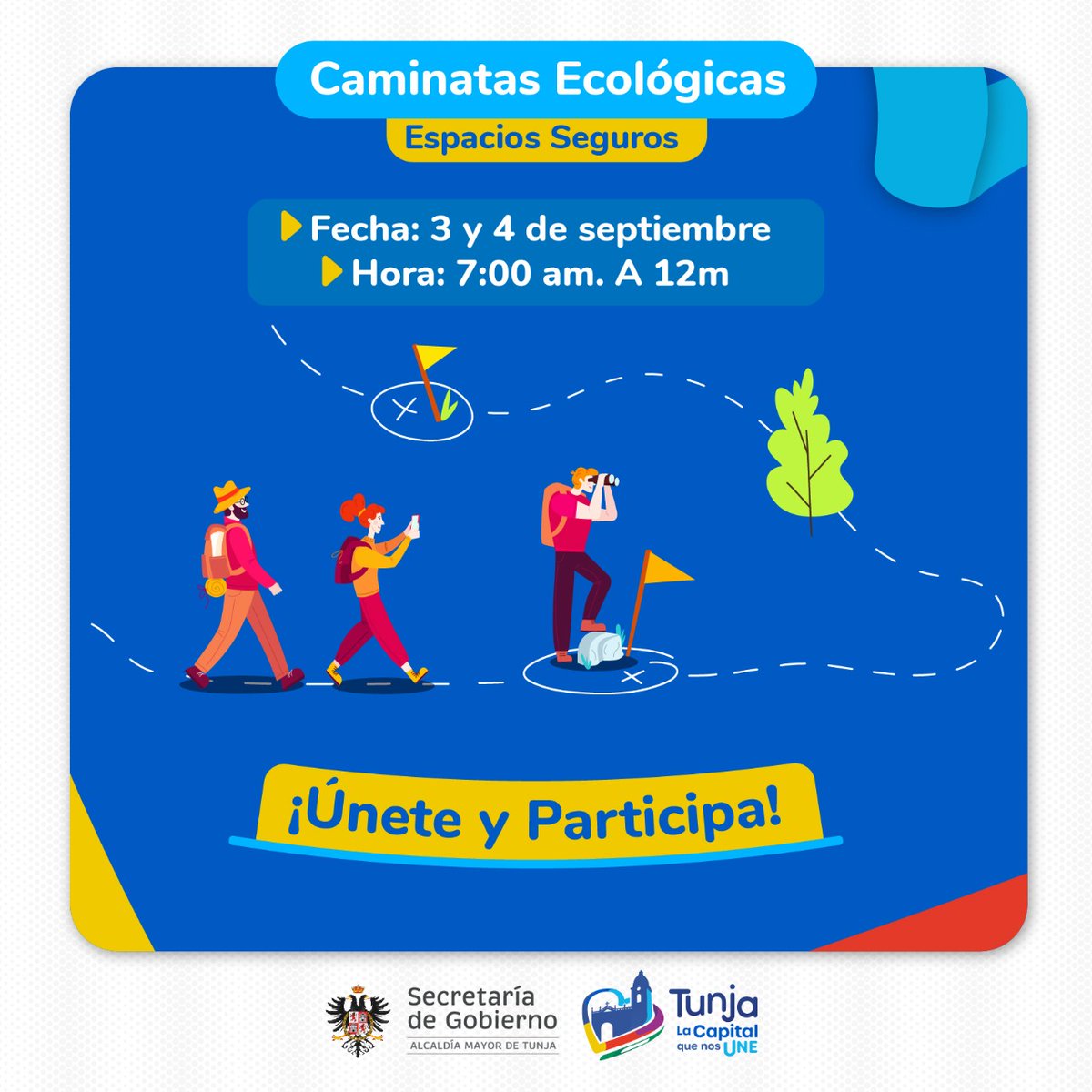 AlcaldiaTunja's tweet photo. Participa de las caminatas ecológicas Espacios Seguros este 3 y 4 de septiembre. Inscríbete 👉🏼  https://t.co/6FmJXovG7l 

50 cupos disponibles, conoce y respira nuestra capital. https://t.co/NDQJFrFr41