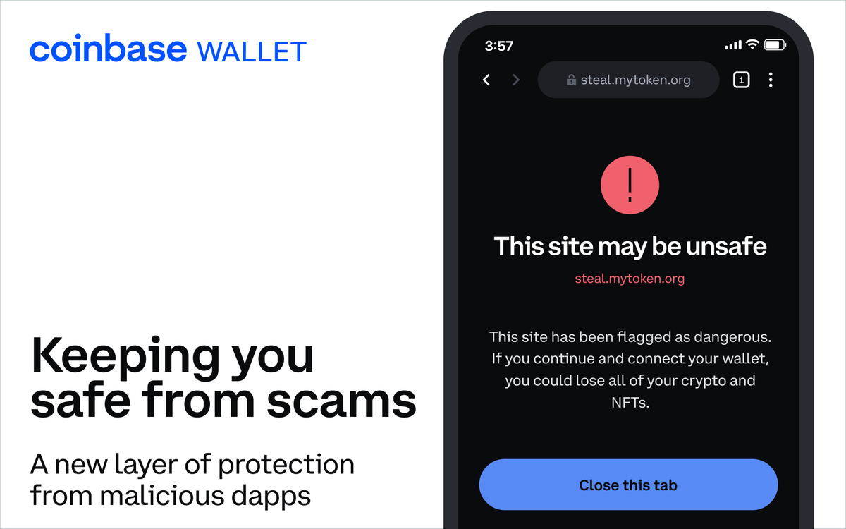baseapp's tweet photo. 📢 DAPP DEFENSE

Coinbase Wallet now provides a clear warning when you visit a dapp that is known to be malicious, helping you stay safer while exploring web3 🧵 https://t.co/H32UJn9UQC