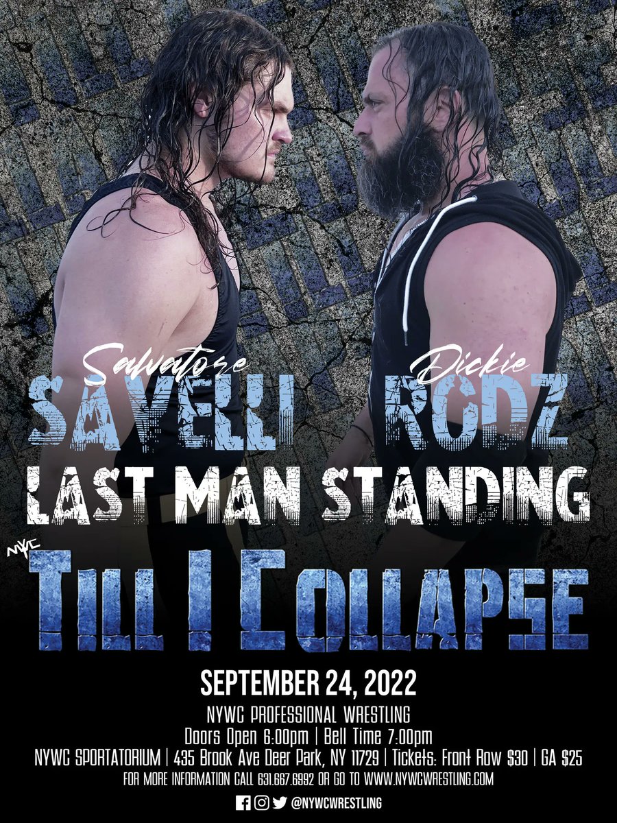NYWCWRESTLING's tweet photo. 6 person tag action September 10th in Patchogue. Tickets just $15!

🎟:https://t.co/Ic9ON51ji4

Two weeks later @SalSavelli &amp; @TheDickieRodz meet in a Last Man Standing Match!

🎟: https://t.co/4dwdOgOJB5 https://t.co/ATEcwJe5VH