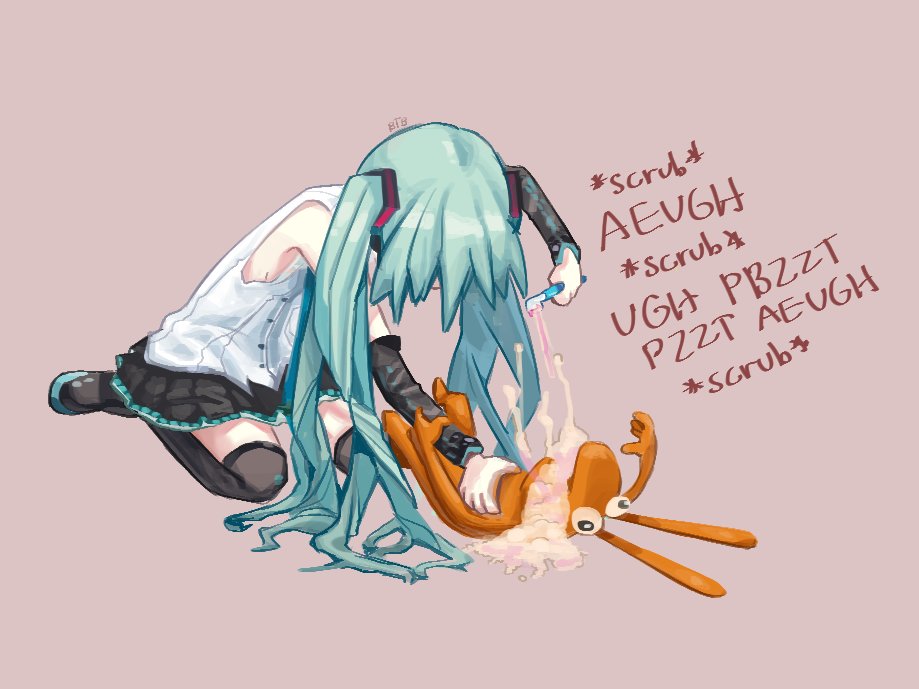 BalanceTheBall_'s tweet photo. Hatsune Miku brushing the funny orange creature's teeth https://t.co/Tph5YYO4bT