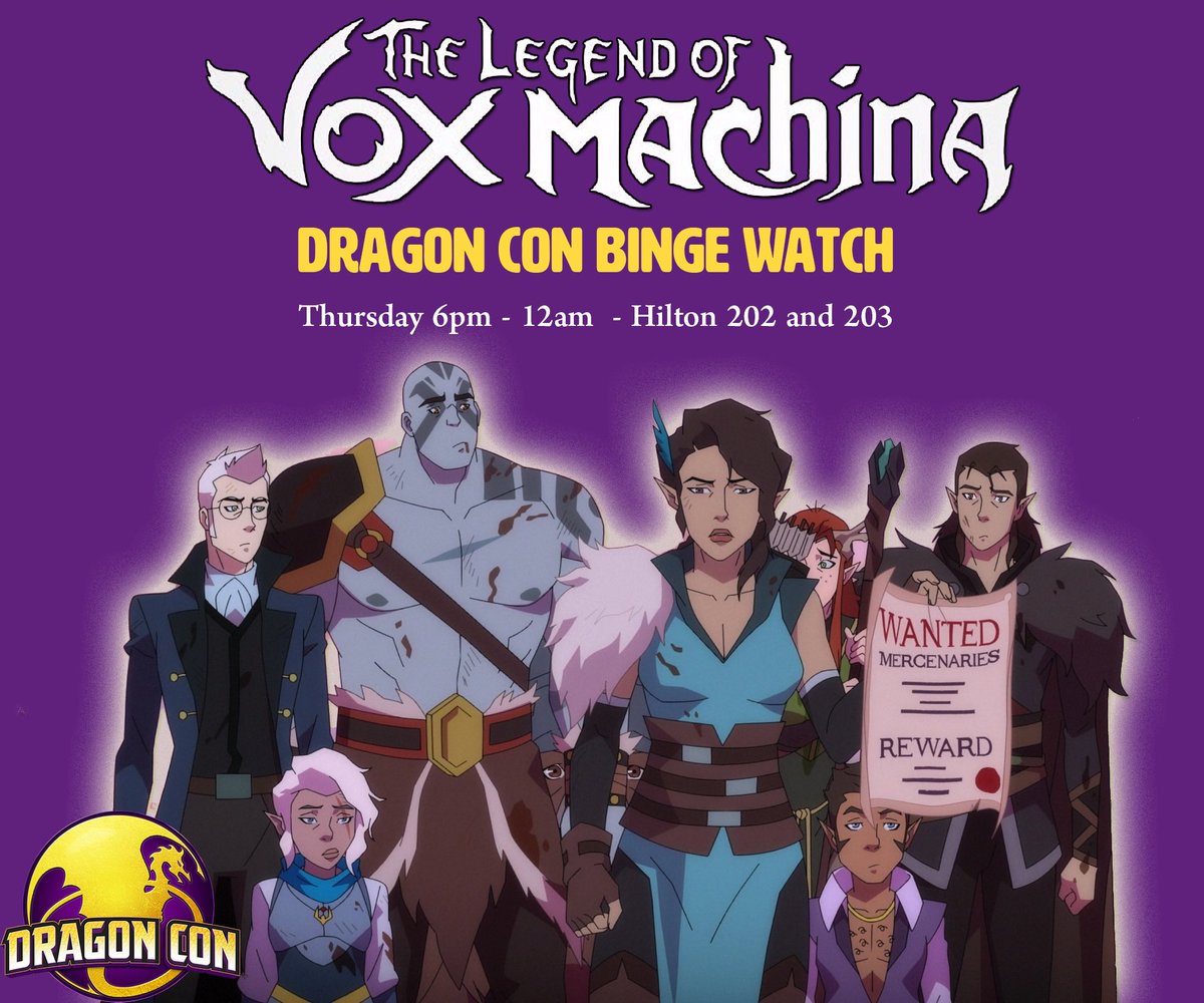 Relive Critical Role’s epic first season of The Legend of Vox Machina, or binge watch with us for the first time!  Catch all 12 episodes in the Main and Anime video rooms. Thursday now till midnight! Hilton 202 and 203 #DragonCon2022 #VoxMachina