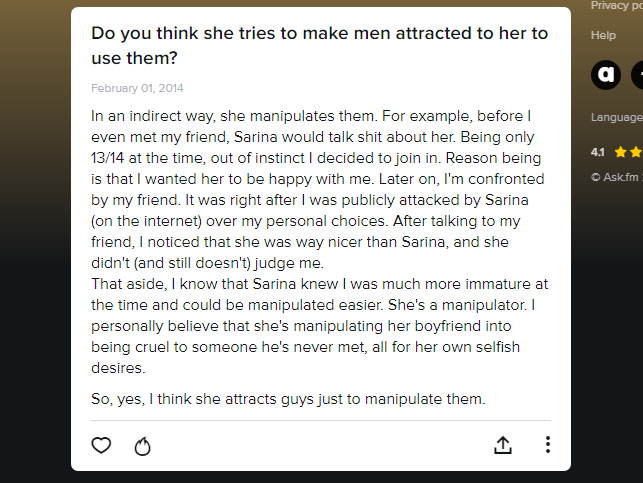 SinDidItAll's tweet photo. Here is another victim, who was 13/14 at the time, who received nudes from Sarina when she was 22. Kaleb was not the only victim she groomed. This whole "Kaleb blackmailed me" claim no longer sticks.

Sarina has a pattern of pedophilia. https://t.co/QN6tFLi2Hy