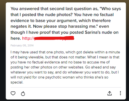 SinDidItAll's tweet photo. Here is another victim, who was 13/14 at the time, who received nudes from Sarina when she was 22. Kaleb was not the only victim she groomed. This whole "Kaleb blackmailed me" claim no longer sticks.

Sarina has a pattern of pedophilia. https://t.co/QN6tFLi2Hy