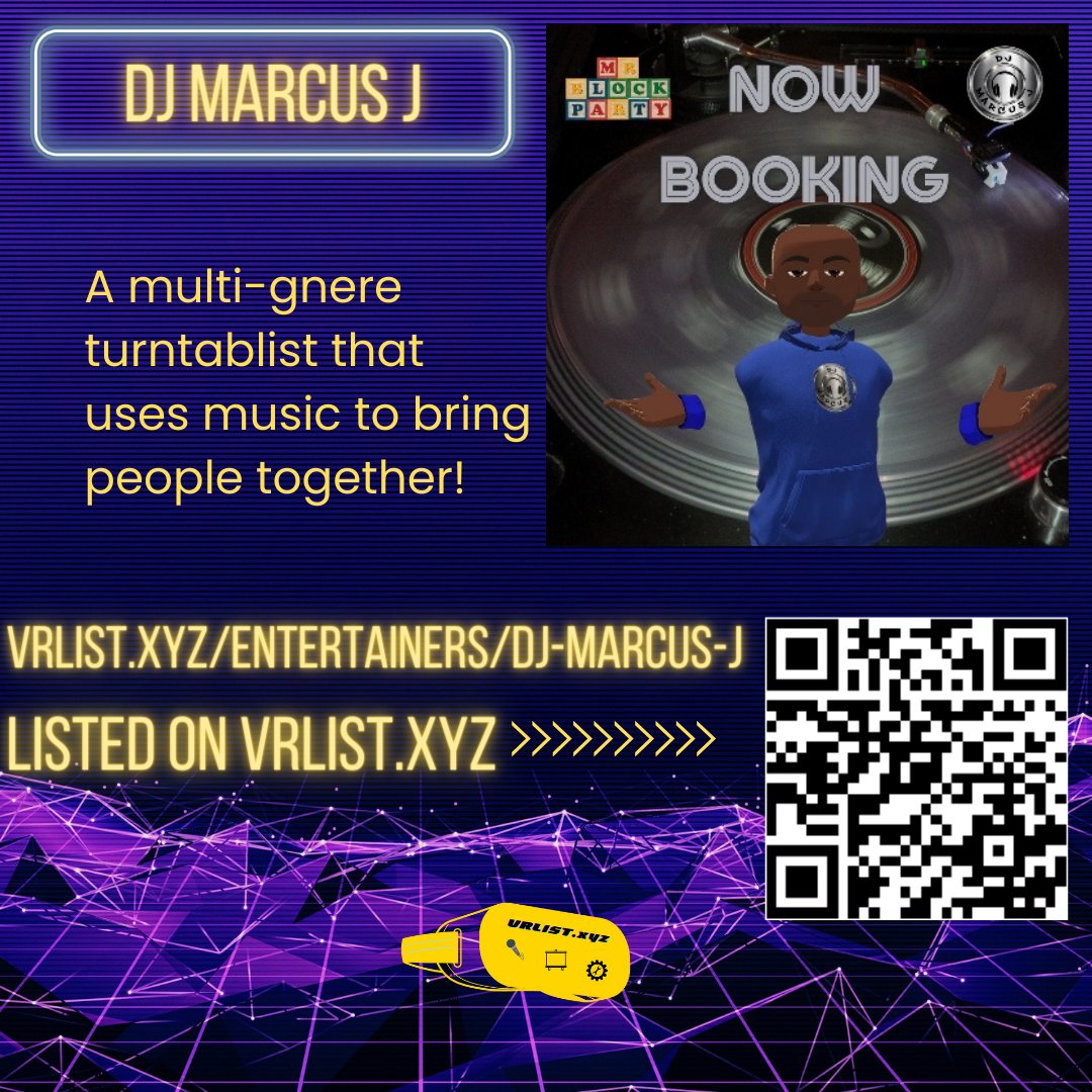 VRListxyz's tweet photo. Find @dj_marcusj & other VR Entertainers, Instructors, and Creators on https://t.co/NaMhNnbXQd
#vrlist #vrlistxyz #horizonworlds #meta #metaverse #quest2 #vrheadset #vrservices #vrservice #oculus #metaquest #metaquest2 #altspacevr #recroom #vrchat #VRexperience #VirtualReality https://t.co/exNKJRduMQ