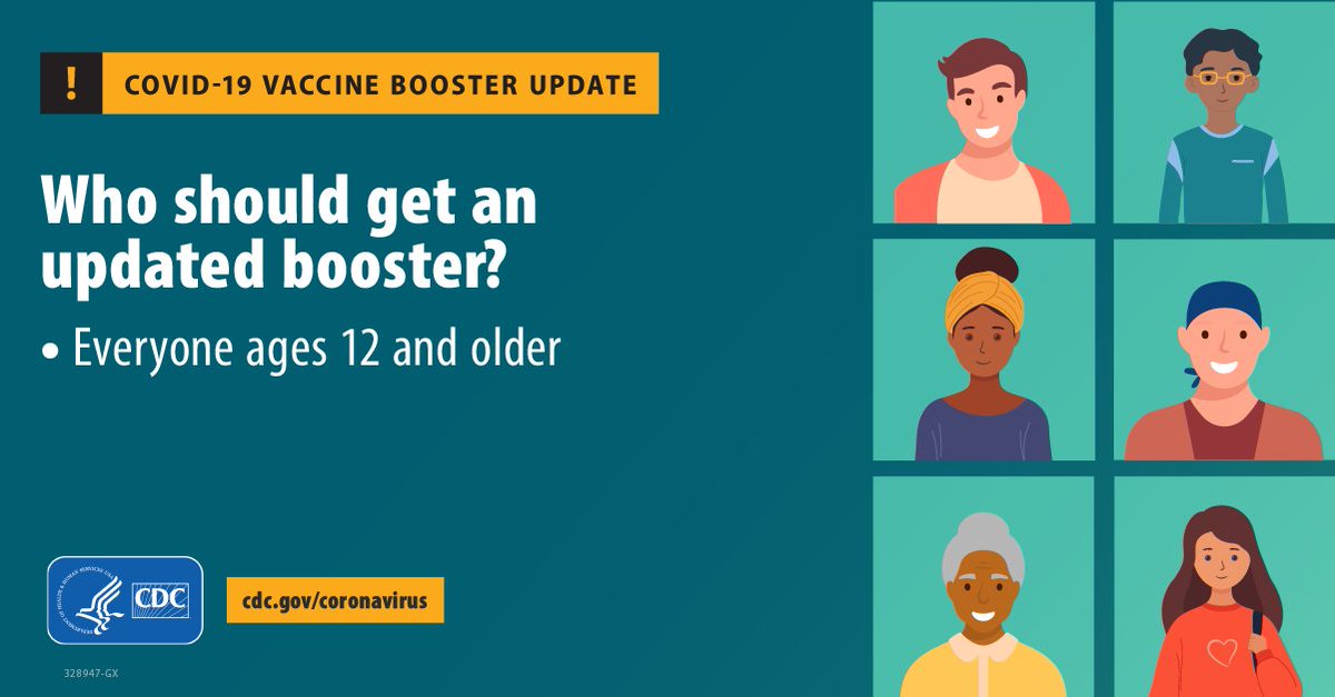 CDC now recommends an updated COVID-19 booster for everyone ages 12 and older. Learn more: bit.ly/3AJIBTJ