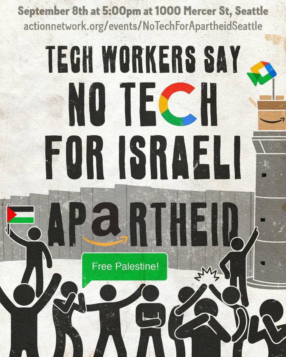 falastiniyat's tweet photo. 🚨ACTION ALERT🚨

Next Thursday, September 8th at 5pm at the Seattle Google campus (1000 Mercer Street Google office) join us as we stand in solidarity with Amazon and Google tech workers nationally, as they fight to end their companies contract with the Zionist Israeli military. https://t.co/YLi7R96e6d
