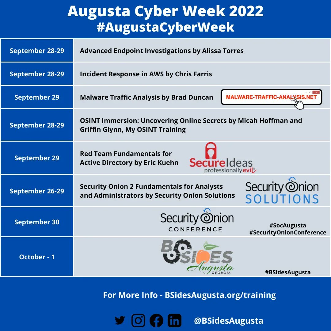 Updated #AugustaCyberWeek training schedule. BSidesAugusta.org/training for more info. 

#Training 
#SecurityOnion
#SOCAugusta 
#SecurityOnionConference 
#BSidesAugusta
#DFIR
#redteam
#osint
#infosecurity 
#ThreatHunting
#NetworkSecurityMonitoring
#EnterpriseSecurityMonitoring